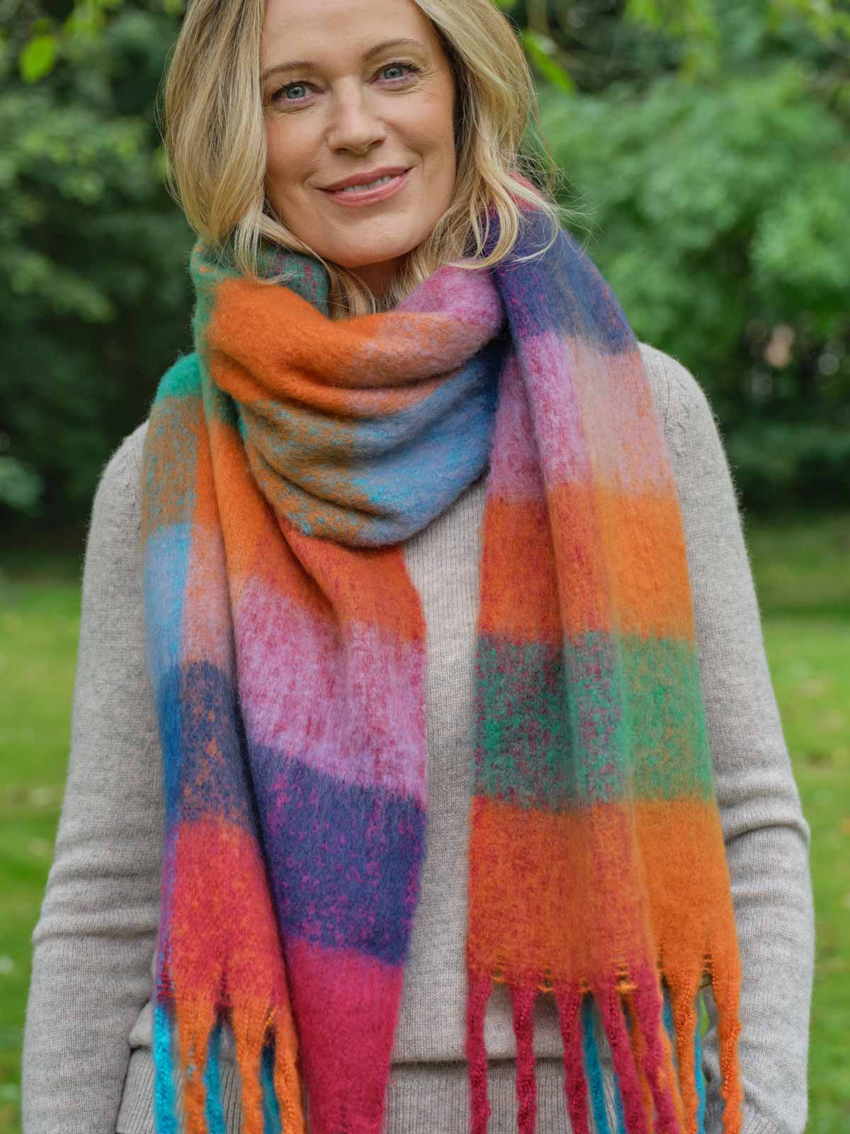 Wool Blend Blanket Scarf - Multi Block Check