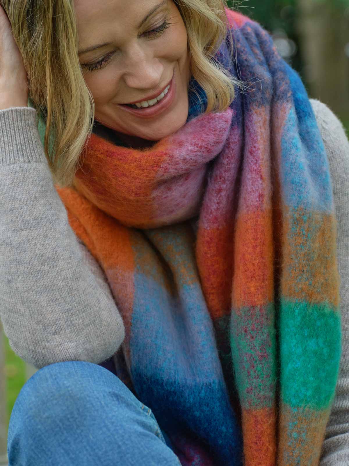 Wool Blend Blanket Scarf - Multi Block Check