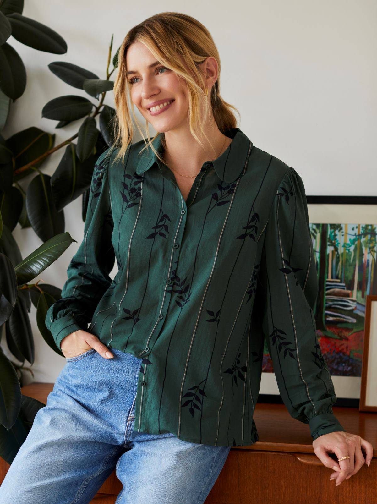 Ramona Organic Cotton Printed Shirt - Forest Green