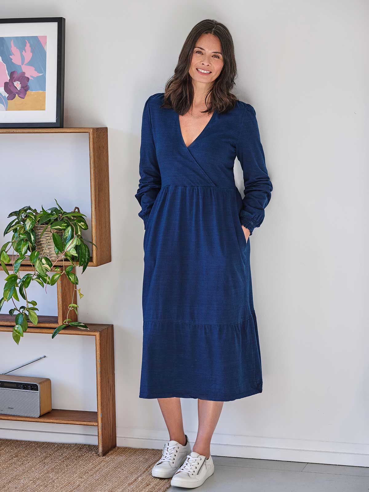 Navy jersey wrap store dress