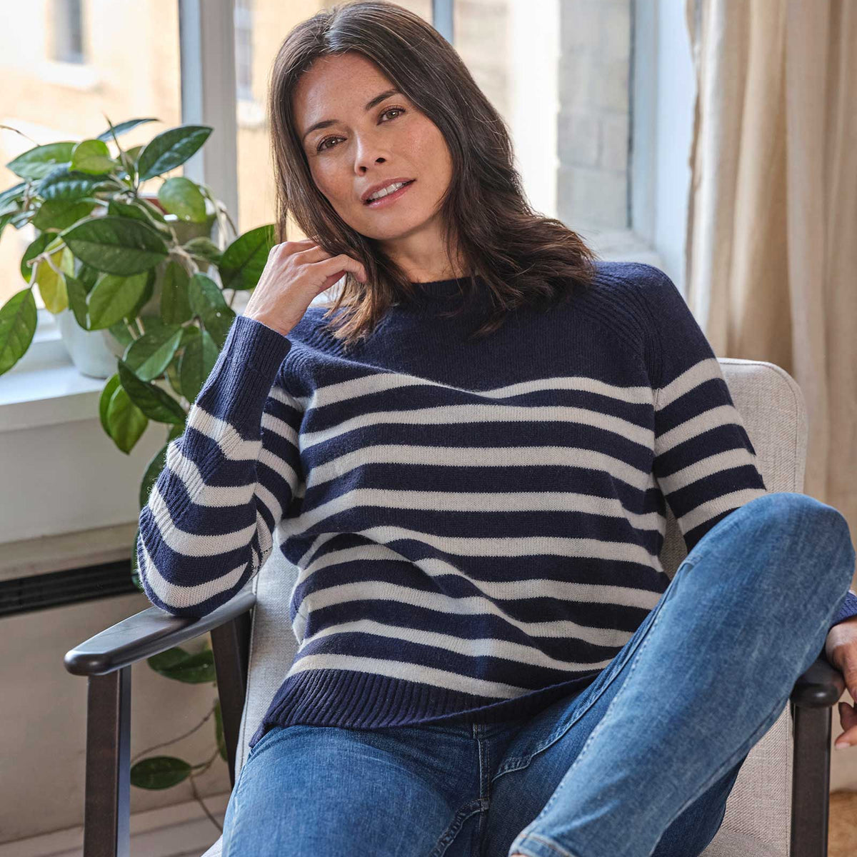 Celaeno Striped Lambswool Funnel Neck Jumper - Navy