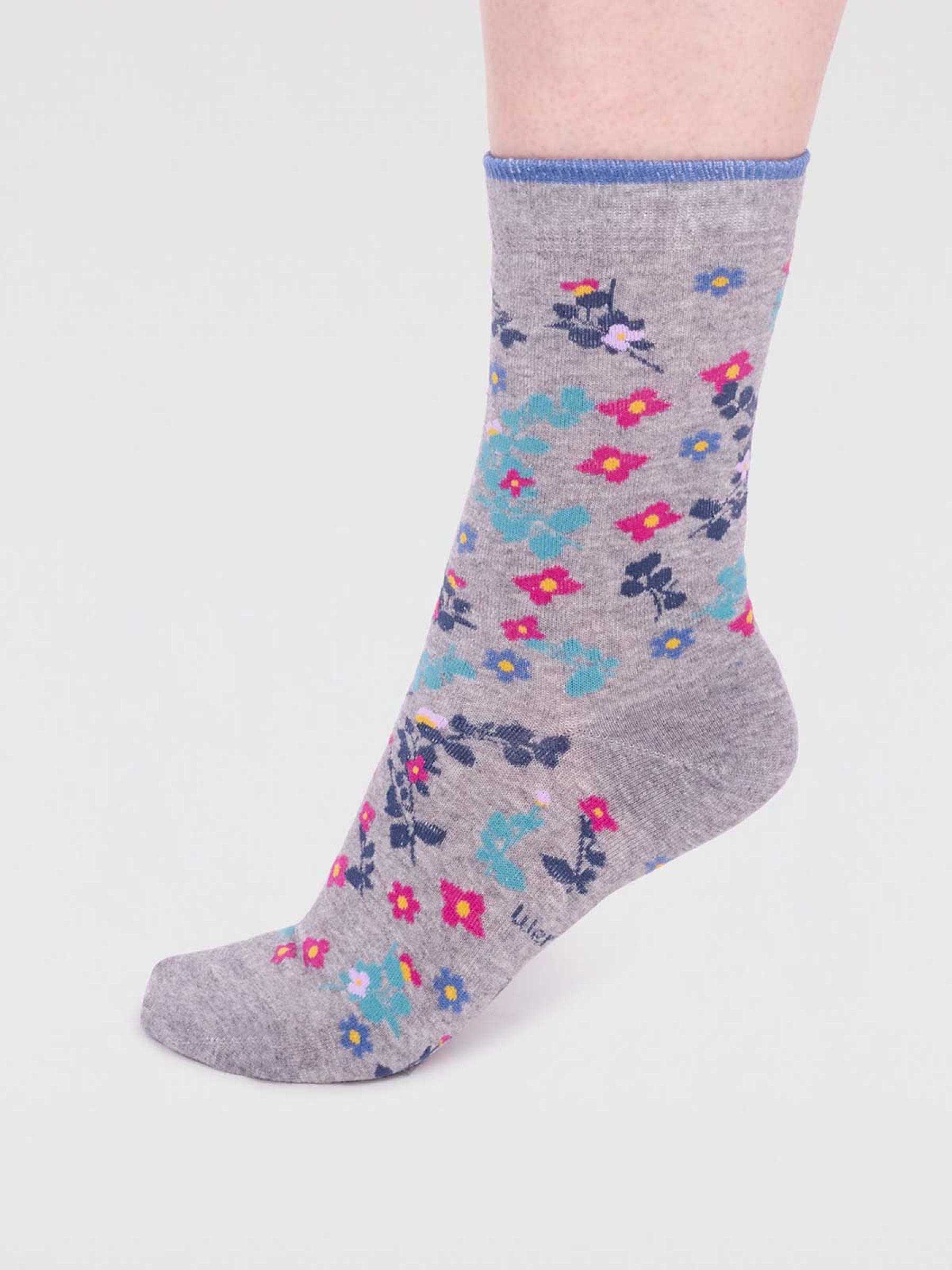 Viola Organic Cotton Floral Socks In A Bag - Grey Marle