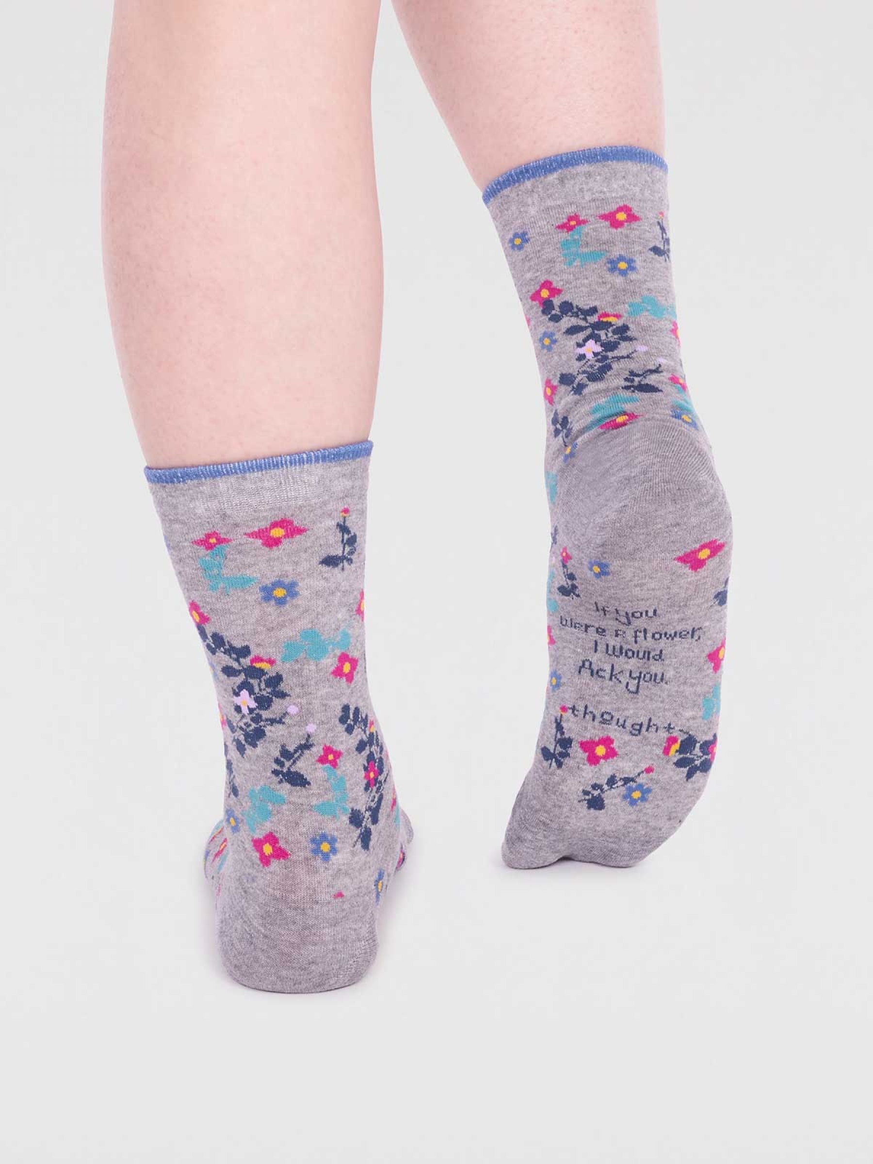 Viola Organic Cotton Floral Socks In A Bag - Grey Marle