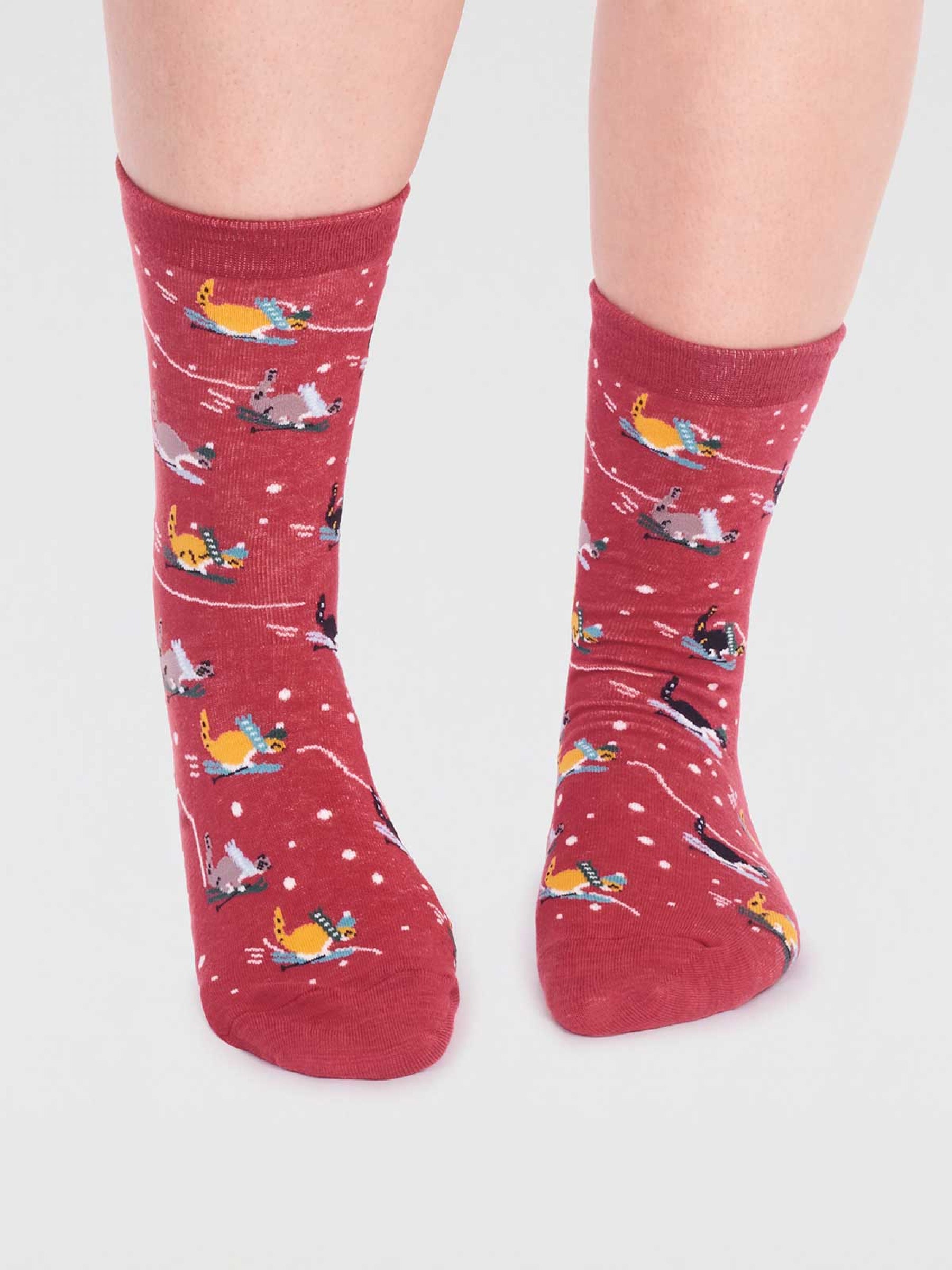 Amaryllis Organic Cotton Skiing Cat Sock - Brick Red