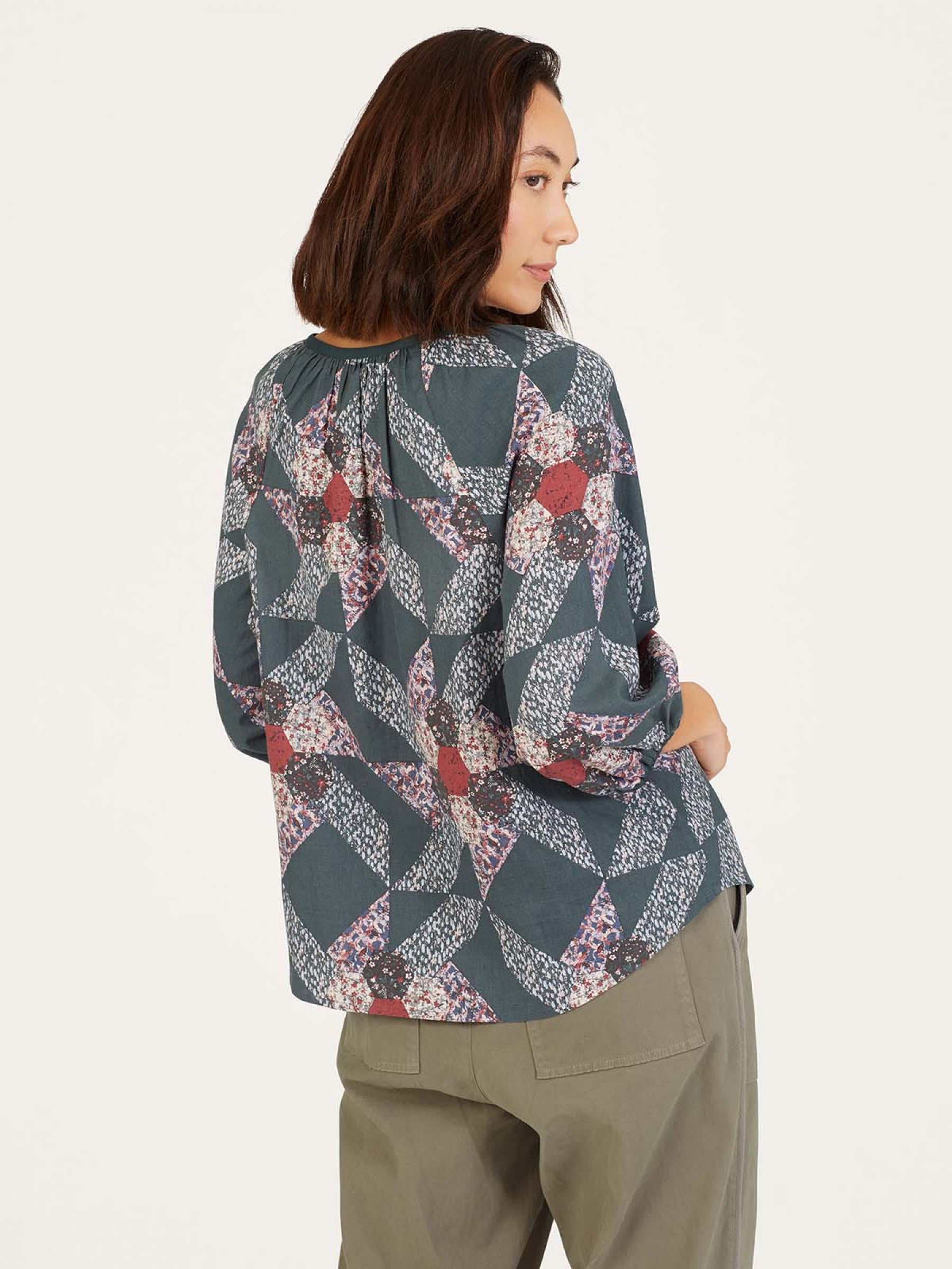 Tarni Hemp Patchwork Blouse - Dark Eucalyptus Green