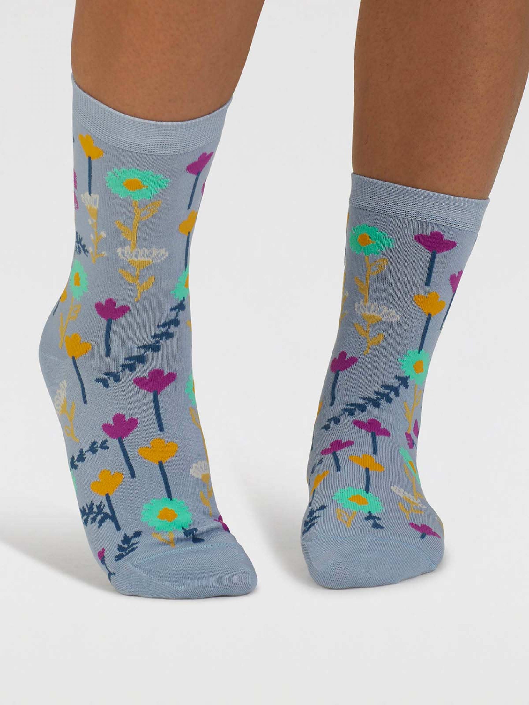 Mapel Floral Bamboo Socks - Chambray Blue